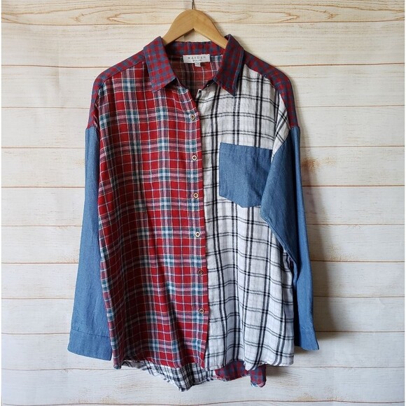 Hayden Plaid Checkered Denim Button Front Shirt Blouse Women's Size S/M - Picture 1 of 7